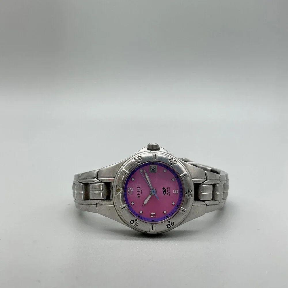 Relic Wet Womens Watch 25mm Pink Dial Stainless Bracelet Date New Battery 5.75